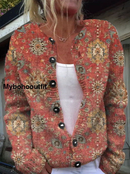 Retro Elegant Art Print Chic Button Thick Long Sleeve Cardigan Sweater A / S