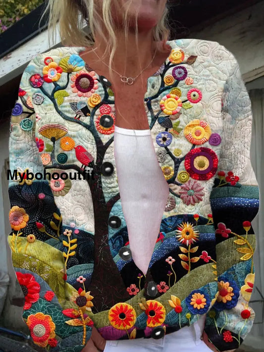Retro Elegant Art Print Chic Button Thick Long Sleeve Cardigan Sweater A / S