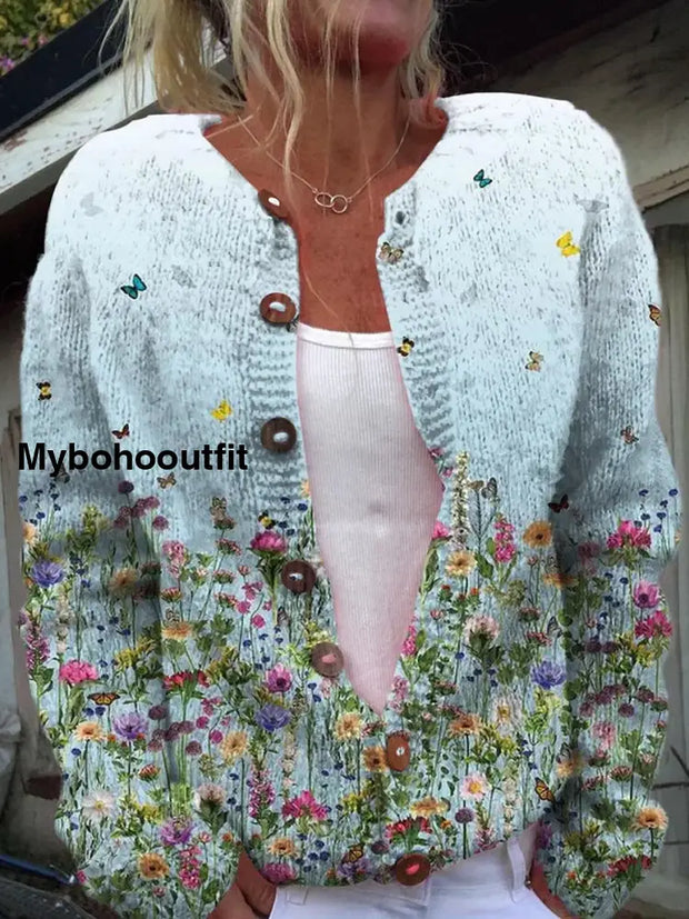 Retro Elegant Floral Print Chic Button Thick Long-Sleeved Cardigan Sweater A / S