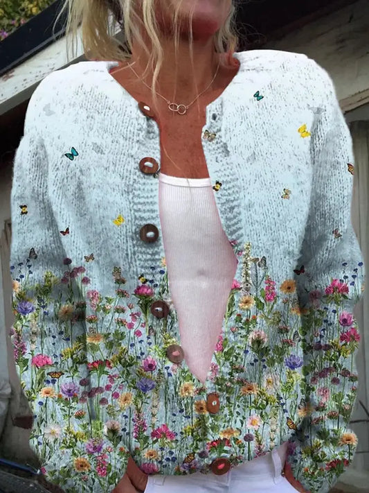 Retro Elegant Floral Print Chic Button Thick Long-Sleeved Cardigan Sweater A / S