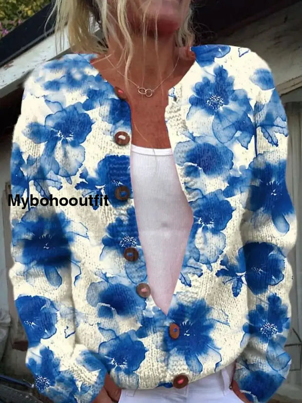 Retro Elegant Floral Print Chic Button Thick Long-Sleeved Cardigan Sweater A / S