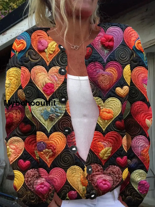 Retro Elegant Heart Art Print Chic Button Thick Long Sleeve Cardigan Sweater A / S