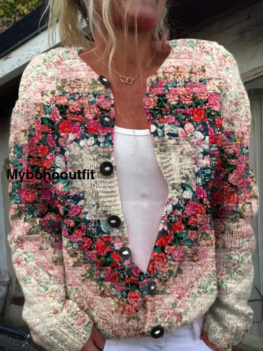 Retro Elegant Heart Art Print Chic Button Thick Long Sleeve Cardigan Sweater A / S