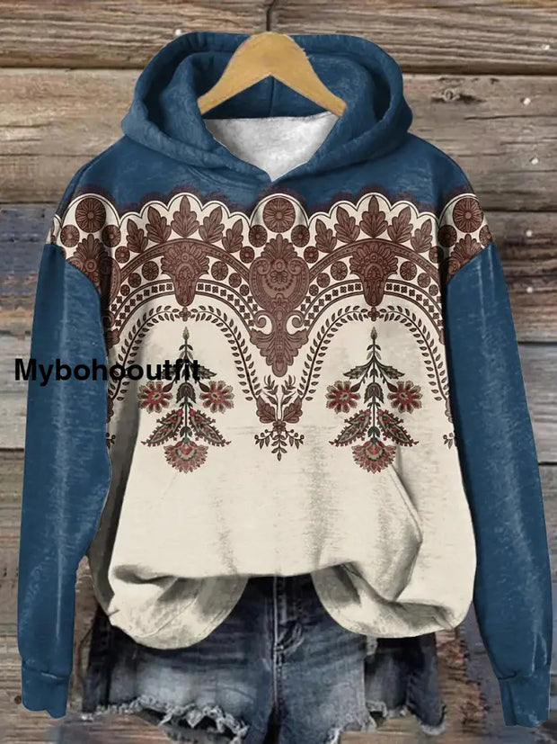 Retro Ethnic Floral Printed Crew-Neck Comfortable Cotton Blend Long-Sleeved Loose Hooded Sweatshirt