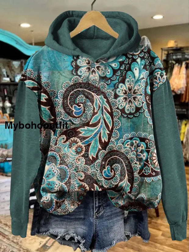 Retro Ethnic Floral Printed Crew-Neck Comfortable Cotton Blend Long-Sleeved Loose Hooded Sweatshirt