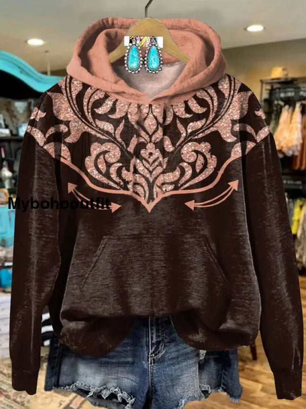 Retro Ethnic Floral Printed Crew-Neck Comfortable Cotton Blend Long-Sleeved Loose Hooded Sweatshirt