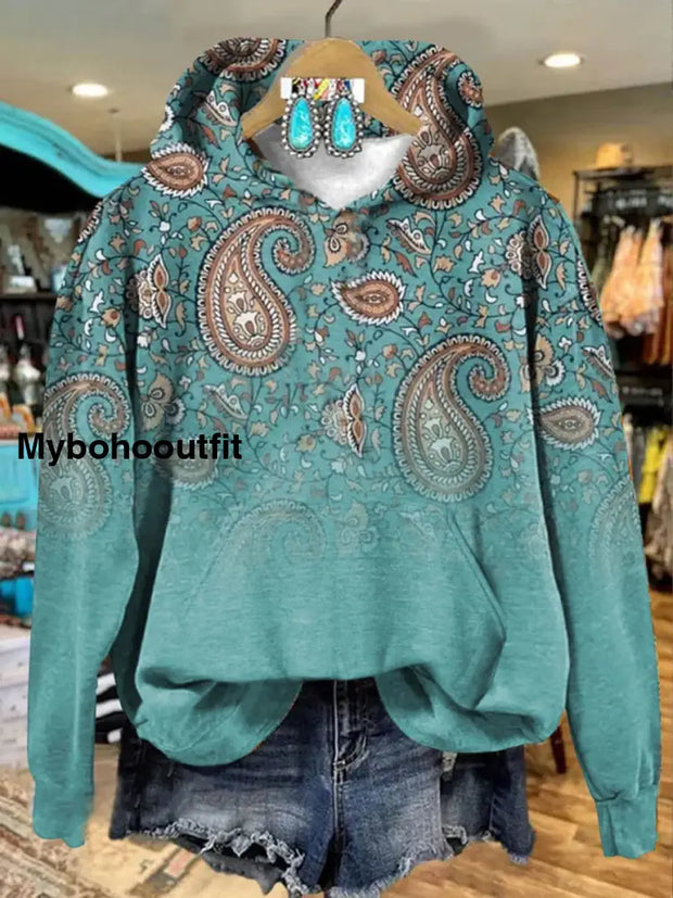 Retro Ethnic Floral Printed Crew-Neck Comfortable Cotton Blend Long-Sleeved Loose Hooded Sweatshirt