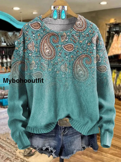 Retro Ethnic Floral Printed Crew-Neck Comfortable Cotton Blend Long-Sleeved Loose Hooded Sweatshirt