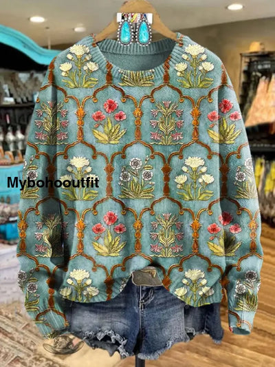 Retro Ethnic Floral Printed Crew-Neck Comfortable Cotton Blend Long-Sleeved Loose Hooded Sweatshirt