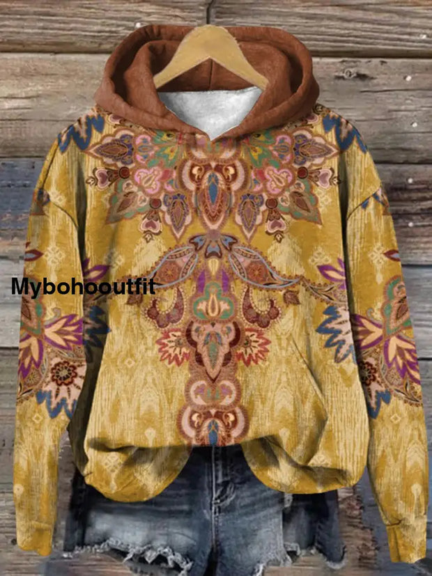 Retro Ethnic Floral Printed Crew-Neck Comfortable Cotton Blend Long-Sleeved Loose Hooded Sweatshirt