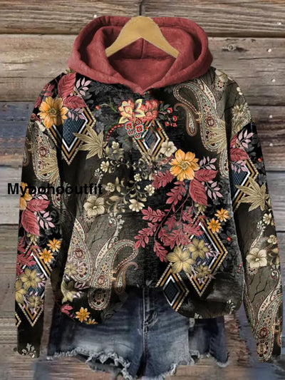 Retro Ethnic Floral Printed Crew-Neck Comfortable Cotton Blend Long-Sleeved Loose Hooded Sweatshirt