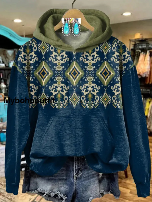 Retro Ethnic Floral Printed Crew-Neck Comfortable Cotton Blend Long-Sleeved Loose Hooded Sweatshirt