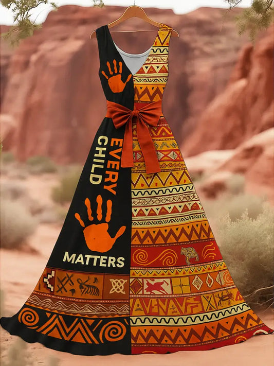 Retro Every Child Matters Art Print V-Neck Sleeveless Cotton Maxi Dress A / S