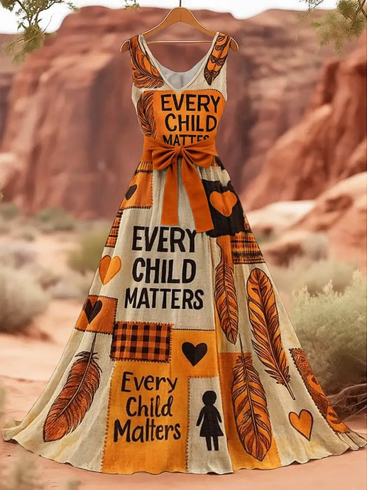 Retro Every Child Matters Art Print V-Neck Sleeveless Cotton Maxi Dress A / S