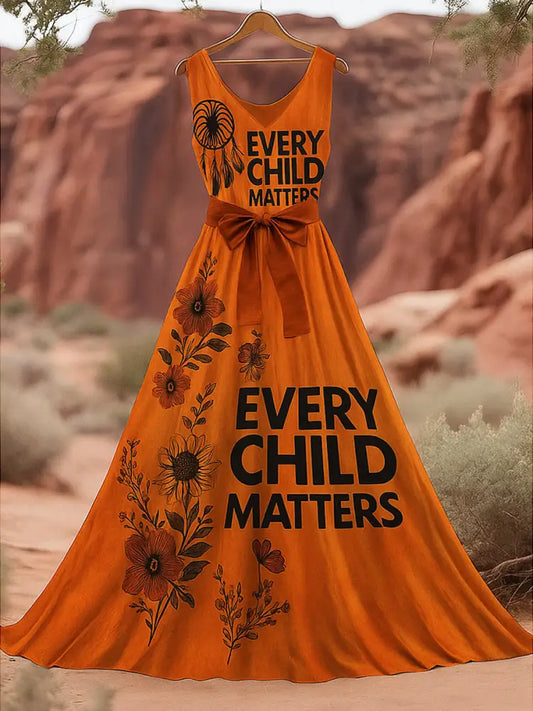 Retro Every Child Matters Art Print V-Neck Sleeveless Cotton Maxi Dress A / S