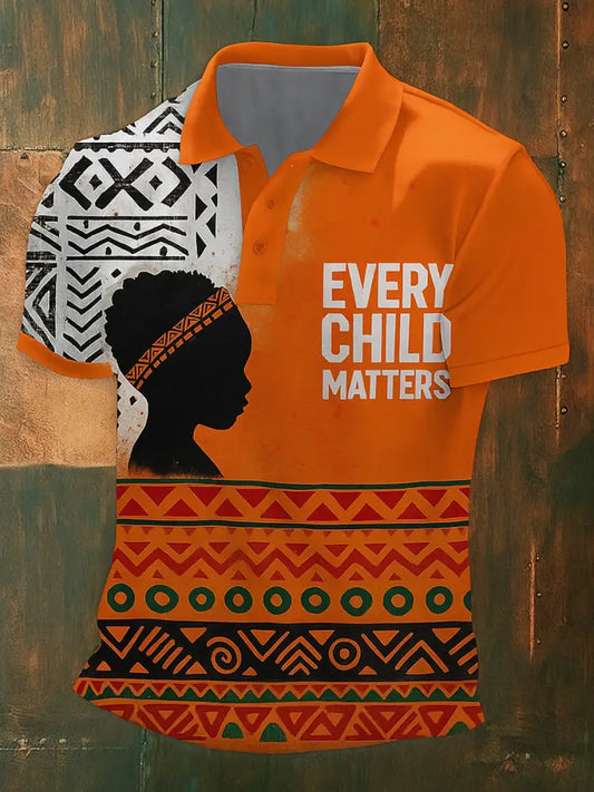 Retro Every Child Matters Printed Vintage Texture V-Neck Short Sleeves Polo-Shirt