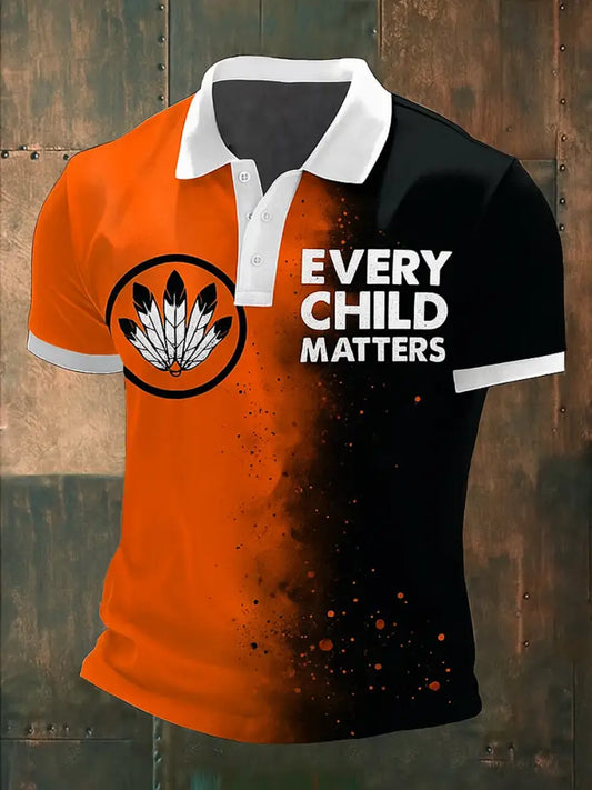 Retro Every Child Matters Printed Vintage Texture V-Neck Short Sleeves Polo-Shirt