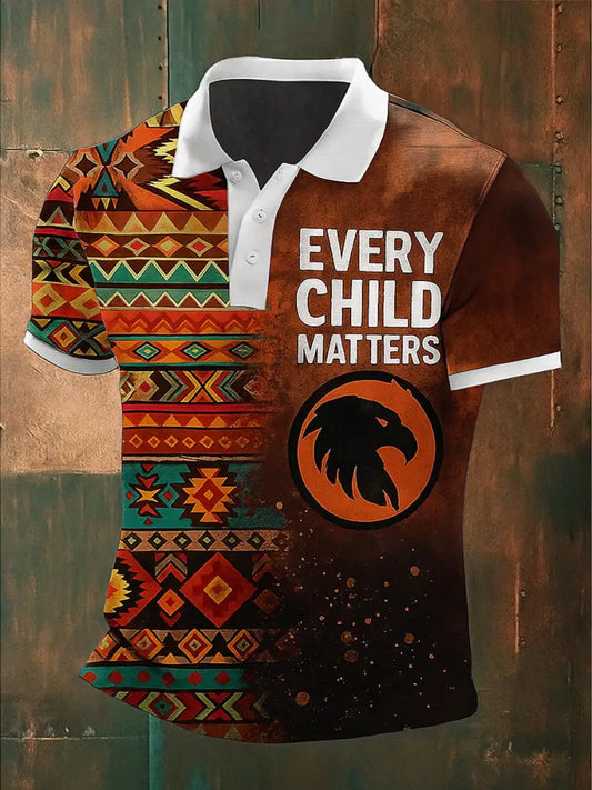 Retro Every Child Matters Printed Vintage Texture V-Neck Short Sleeves Polo-Shirt