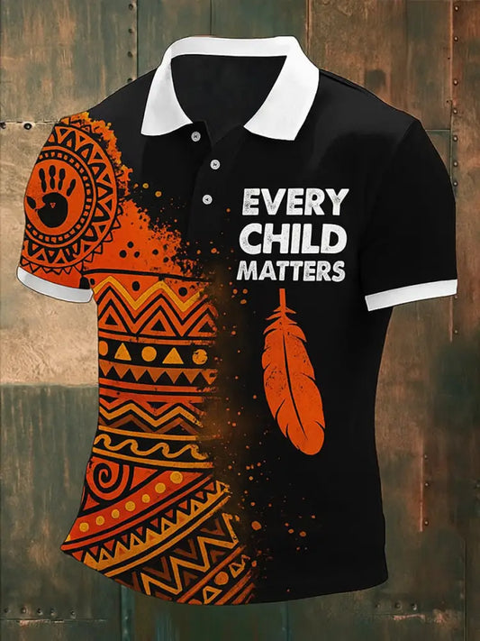 Retro Every Child Matters Printed Vintage Texture V-Neck Short Sleeves Polo-Shirt
