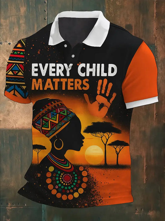 Retro Every Child Matters Printed Vintage Texture V-Neck Short Sleeves Polo-Shirt