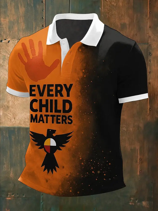 Retro Every Child Matters Printed Vintage Texture V-Neck Short Sleeves Polo-Shirt