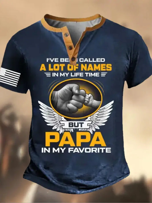 Retro Father’s Day American Flag Printed Athletic Fastener V-Neck Short Sleeves Henley Shirt A / S