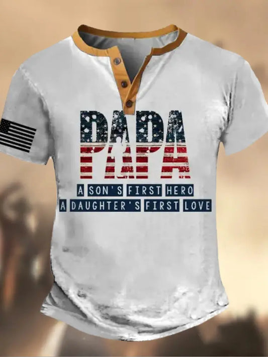 Retro Father’s Day American Flag Printed Athletic Fastener V-Neck Short Sleeves Henley Shirt A / S