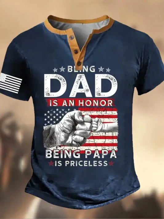 Retro Father’s Day American Flag Printed Athletic Fastener V-Neck Short Sleeves Henley Shirt A / S