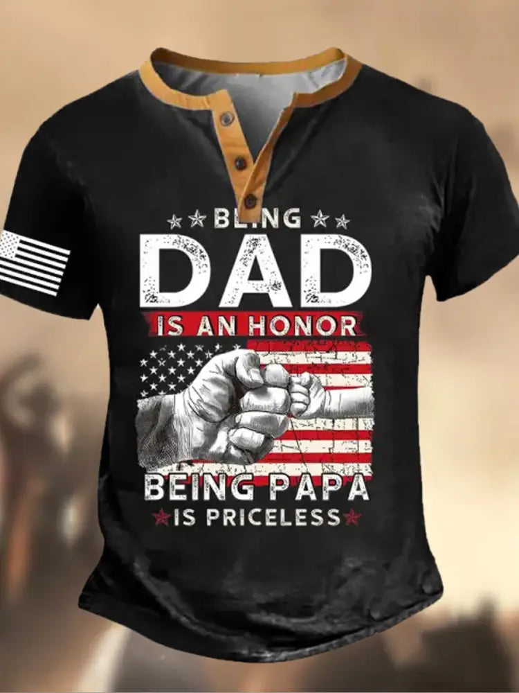 Retro Father’s Day American Flag Printed Athletic Fastener V-Neck Short Sleeves Henley Shirt B / S