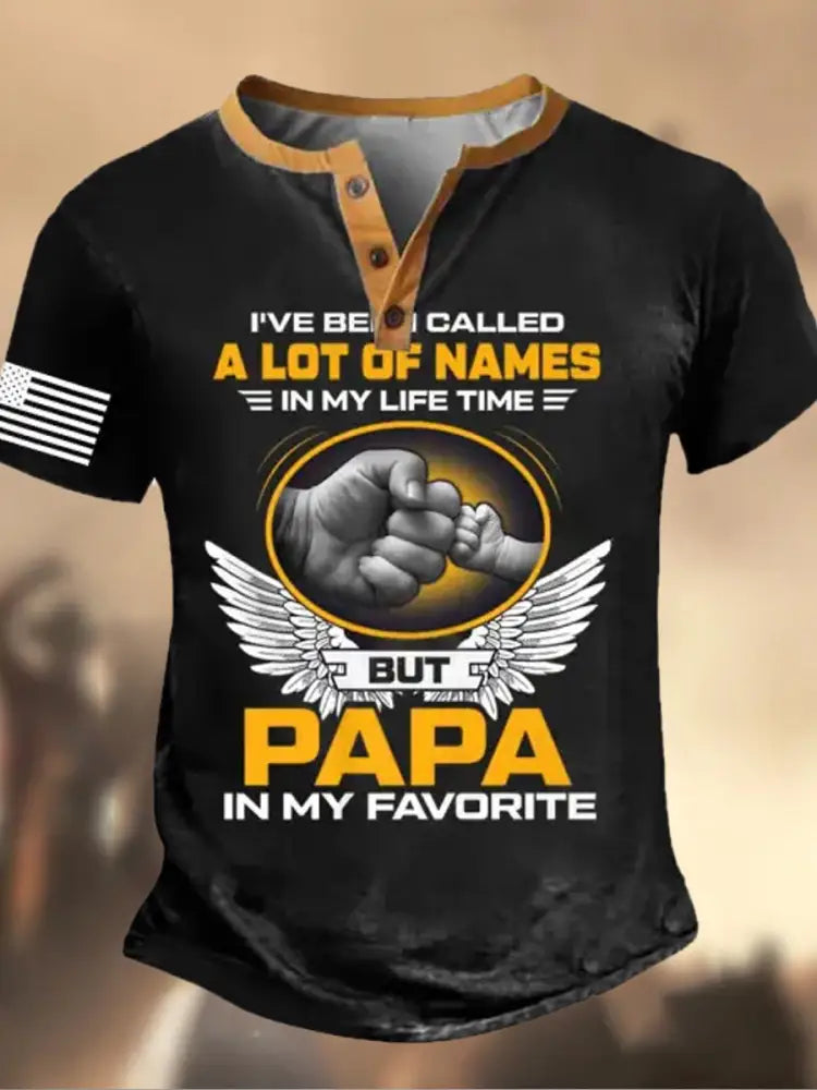 Retro Father’s Day American Flag Printed Athletic Fastener V-Neck Short Sleeves Henley Shirt B / S