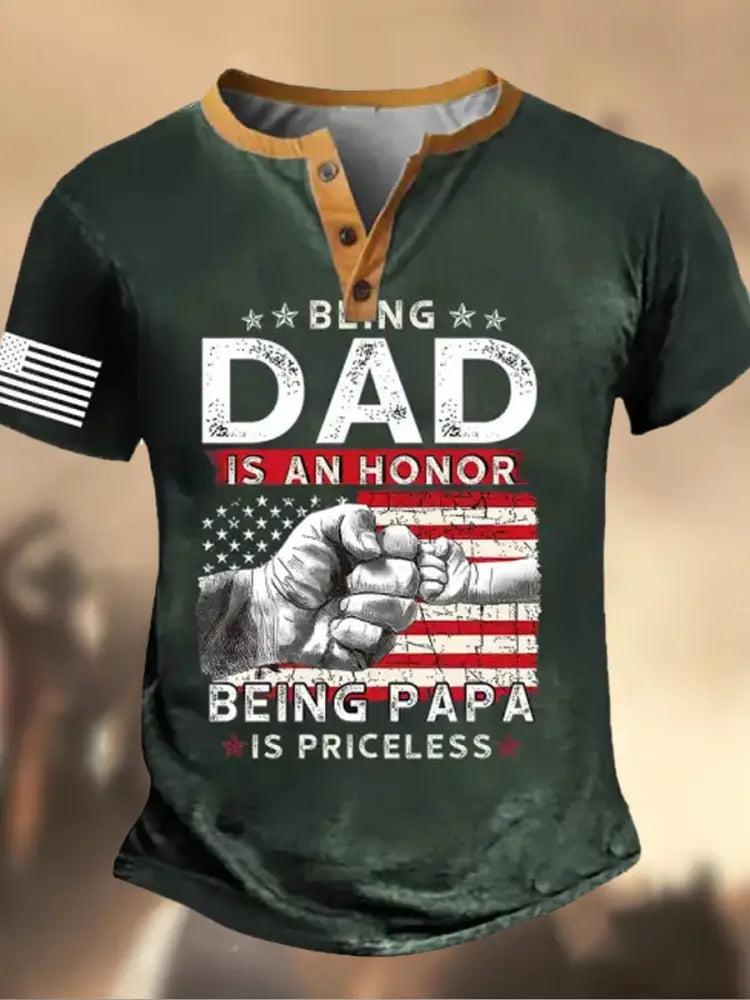 Retro Father’s Day American Flag Printed Athletic Fastener V-Neck Short Sleeves Henley Shirt C / S
