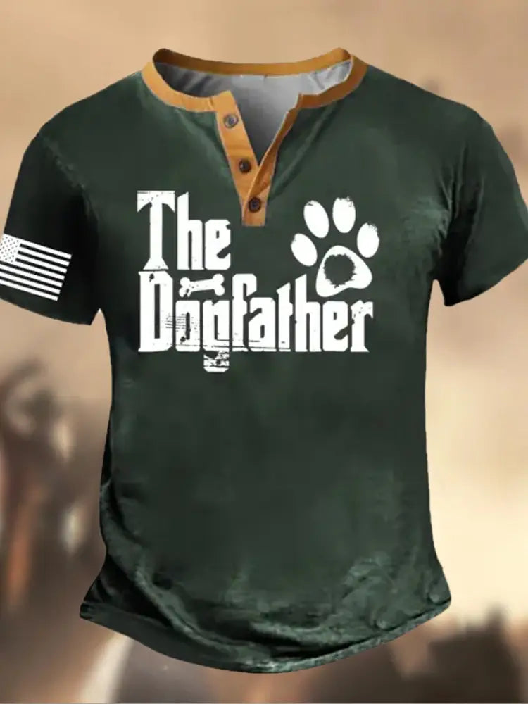 Retro Father’s Day American Flag Printed Athletic Fastener V-Neck Short Sleeves Henley Shirt C / S