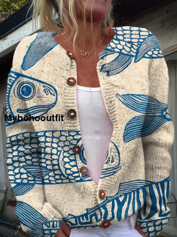 Retro Fish Art Floral Print Button Cardigan A / S