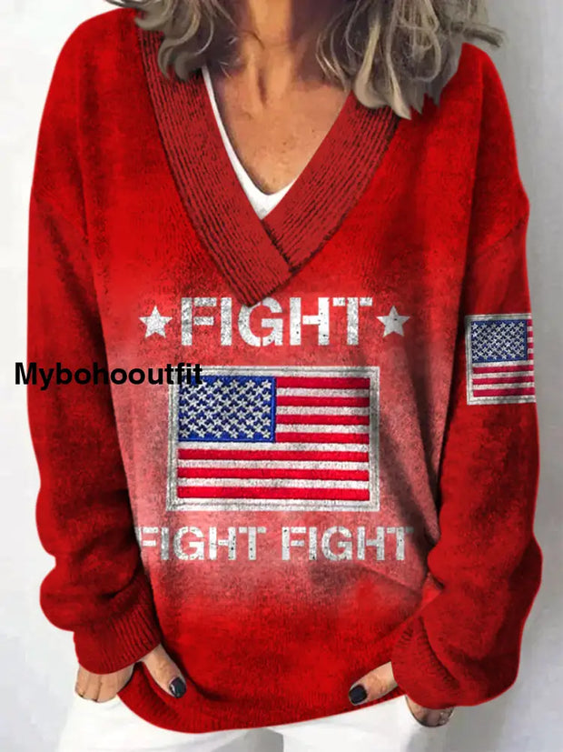 Retro Flag Art Printed V-Neck Casual Comfortable Long-Sleeved Knit Sweatshirt A / S