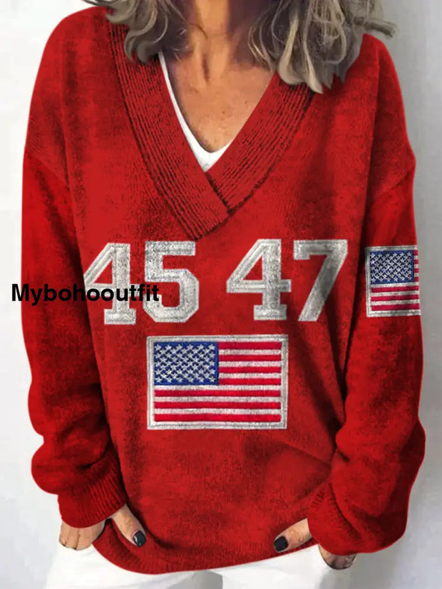 Retro Flag Art Printed V-Neck Casual Comfortable Long-Sleeved Knit Sweatshirt A / S