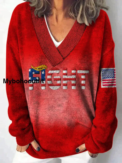 Retro Flag Art Printed V-Neck Casual Comfortable Long-Sleeved Knit Sweatshirt A / S