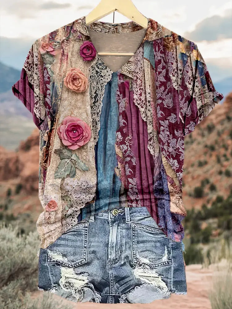 Retro Floral Applique Pattern Printed Vintage V-Neck Short Sleeves Shirt A / S