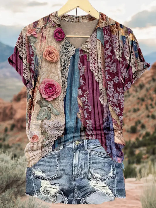 Retro Floral Applique Pattern Printed Vintage V-Neck Short Sleeves Shirt A / S