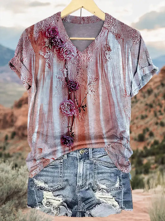 Retro Floral Applique Pattern Printed Vintage V-Neck Short Sleeves Shirt A / S