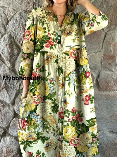 Retro Floral Art Print Chic V-Neck Three-Quarter Sleeve Button Elegant Midi Dress A / S