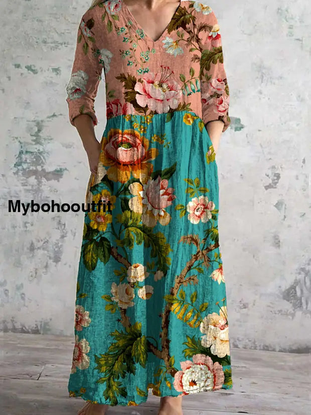 Retro Floral Art Print Chic V-Neck Three-Quarter Sleeve Elegant Midi Dress A / S