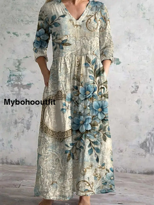 Retro Floral Art Print Chic V-Neck Three-Quarter Sleeve Elegant Midi Dress A / S