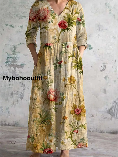 Retro Floral Art Print Chic V-Neck Three-Quarter Sleeve Elegant Midi Dress A / S