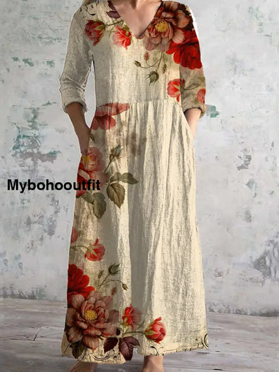 Retro Floral Art Print Chic V-Neck Three-Quarter Sleeve Elegant Midi Dress A / S