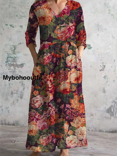 Retro Floral Art Print Chic V-Neck Three-Quarter Sleeve Elegant Midi Dress A / S