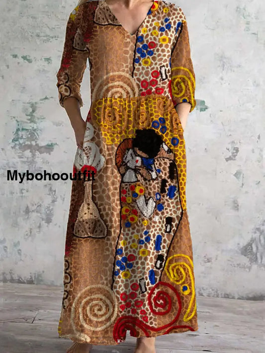 Retro Floral Art Print Chic V-Neck Three-Quarter Sleeve Elegant Midi Dress A / S