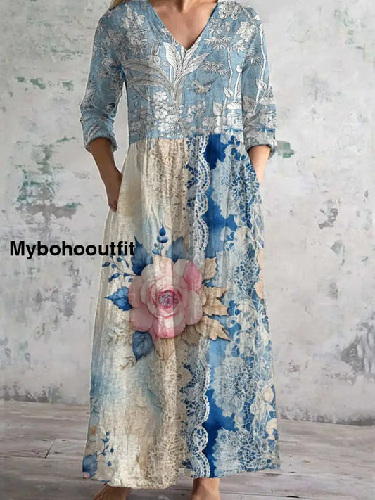 Retro Floral Art Print Chic V-Neck Three-Quarter Sleeve Elegant Midi Dress A / S