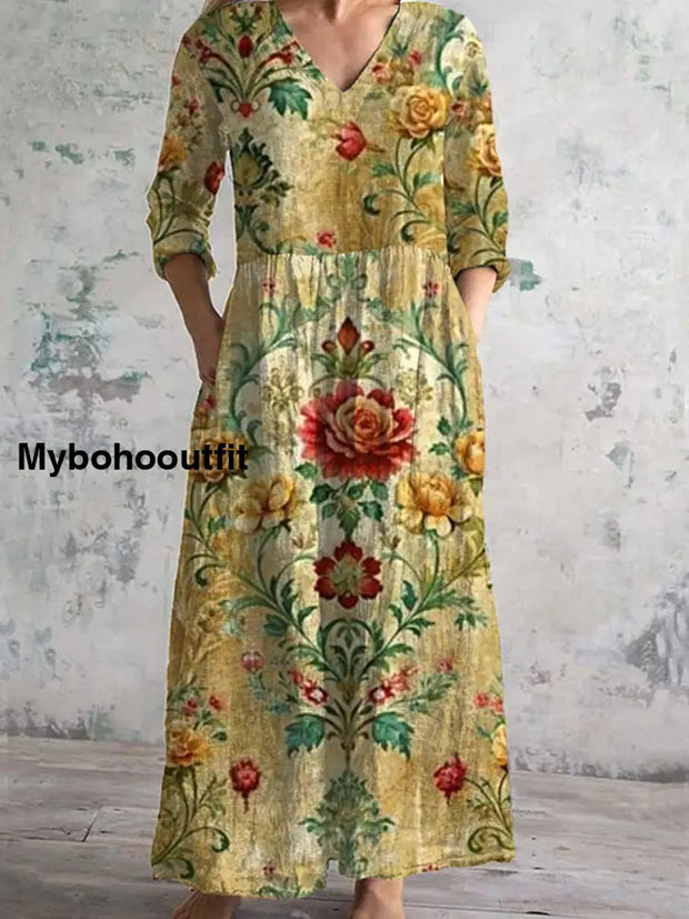 Retro Floral Art Print Chic V-Neck Three-Quarter Sleeve Elegant Midi Dress A / S