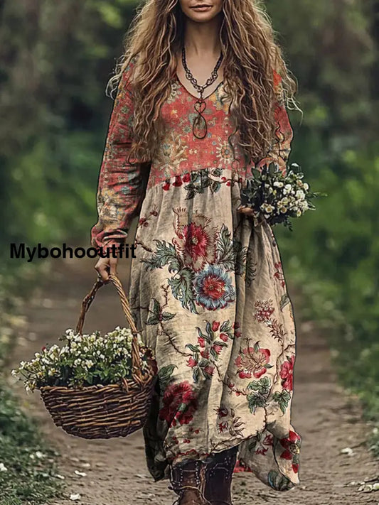 Retro Floral Art Print V-Neck Elegant And Chic Loose Long-Sleeved Mid-Length Dress A / S