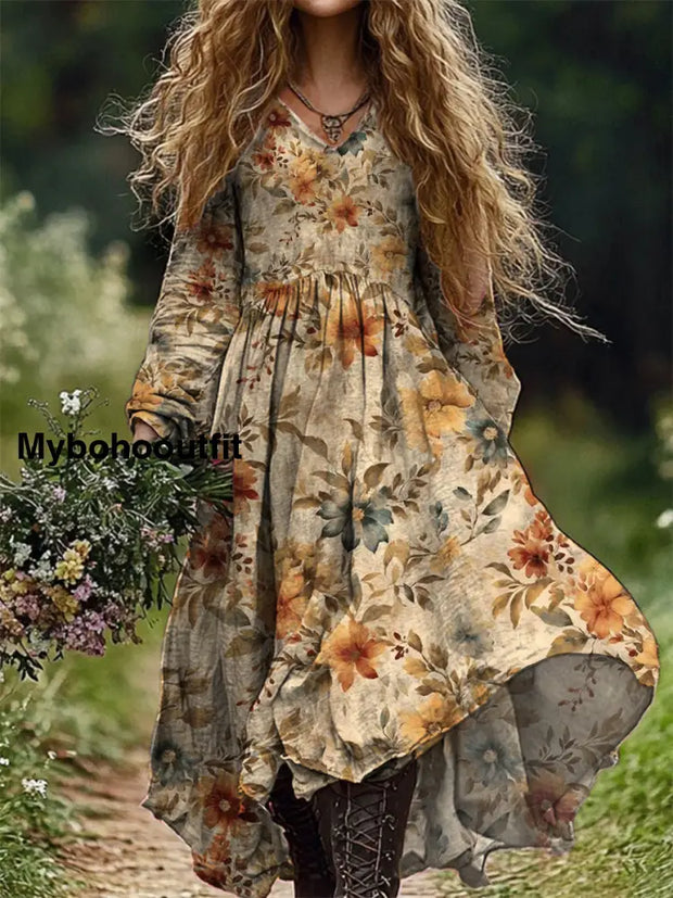 Retro Floral Art Print V-Neck Elegant And Chic Loose Long-Sleeved Midi Dress A / S